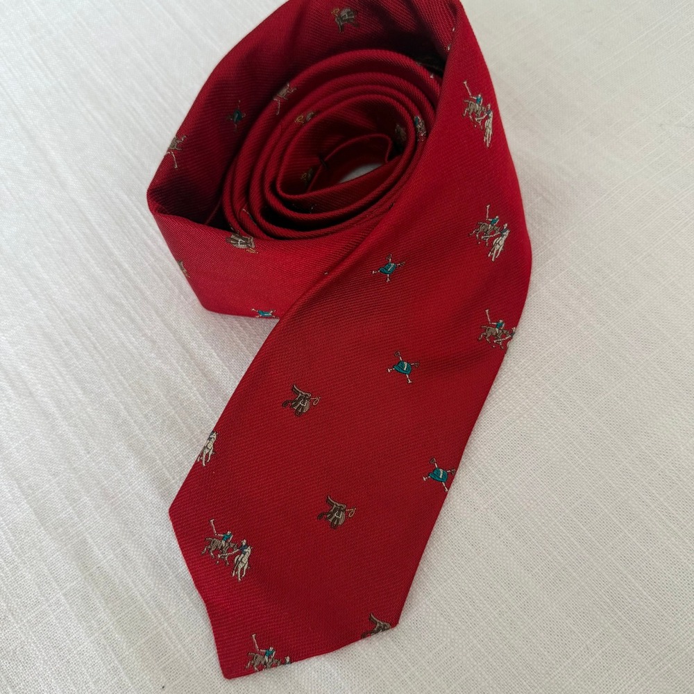 Polo Ralph Lauren Red Silk Equestrian Polo Player Motif Necktie Made in USA